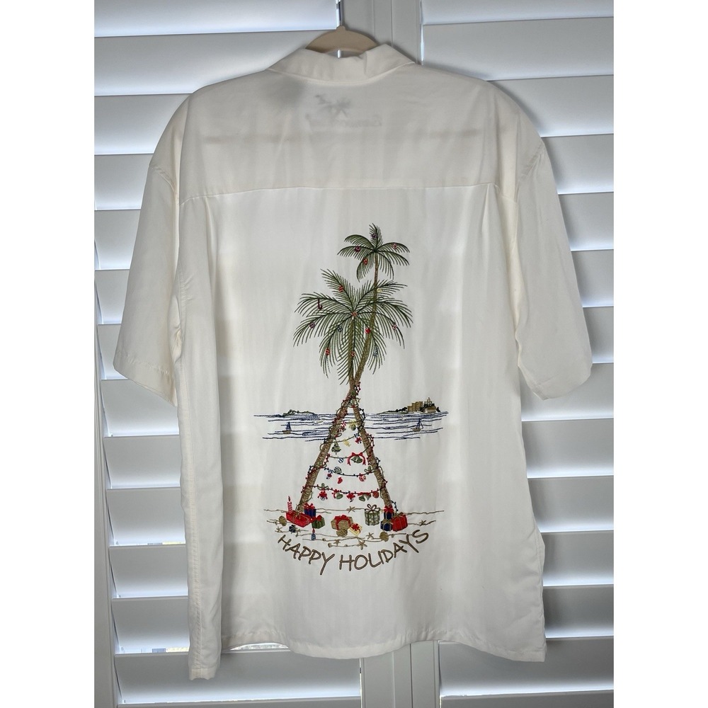 Bamboo Cay Hawaiian Shirt Men's M Ivory Embroidered HAPPY HOLIDAYS Tropical Palm